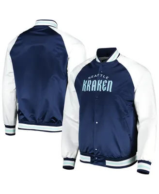 Men's Mitchell & Ness Deep Sea Blue, White Seattle Kraken Primetime Raglan Satin Full-Snap Jacket