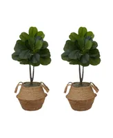 Artificial Fiddle 3' Leaf Fig Tree with Handmade Cotton Jute Woven Planter Diy Kit, Set of 2