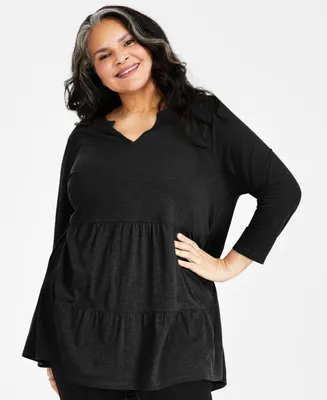 Style & Co Plus Cotton Split-Neck Tiered Tunic, Created for Macy's