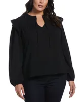 Ella Rafaella Plus Size Eyelet Yoke Ruffle Gauze Long Sleeve Blouse