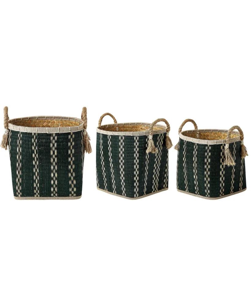 Baum 3 Piece Round Top and Square Bottom Palm Leave Basket Set with Rope Handles and Tassels