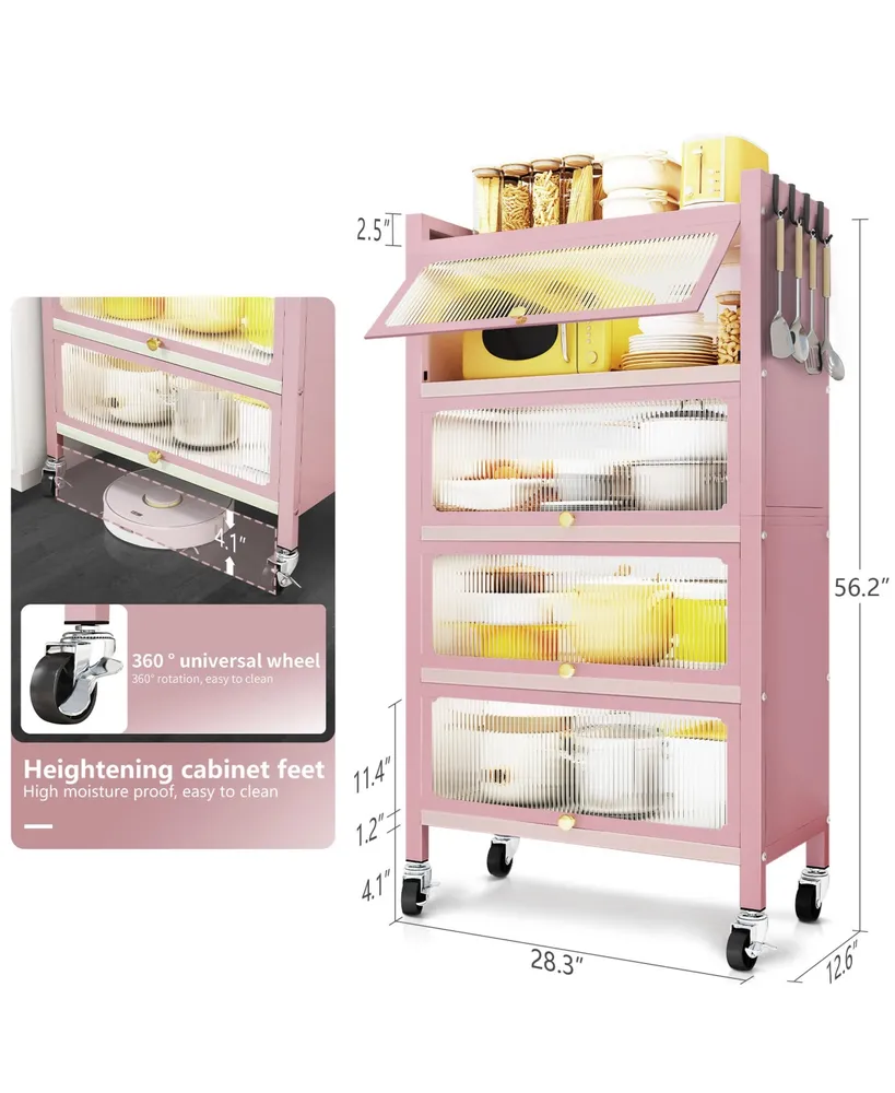 56.2" Tall Kitchen Storage Cabinet, 5 Tier Pantry Cabinet, 4 Door Accent Cabinet, Pink