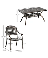 Outsunny 7-Piece Patio Dining Set, Cast Aluminum Outdoor Furniture Set with 6 Armchairs, 1 Table and Umbrella Hole, Bronze