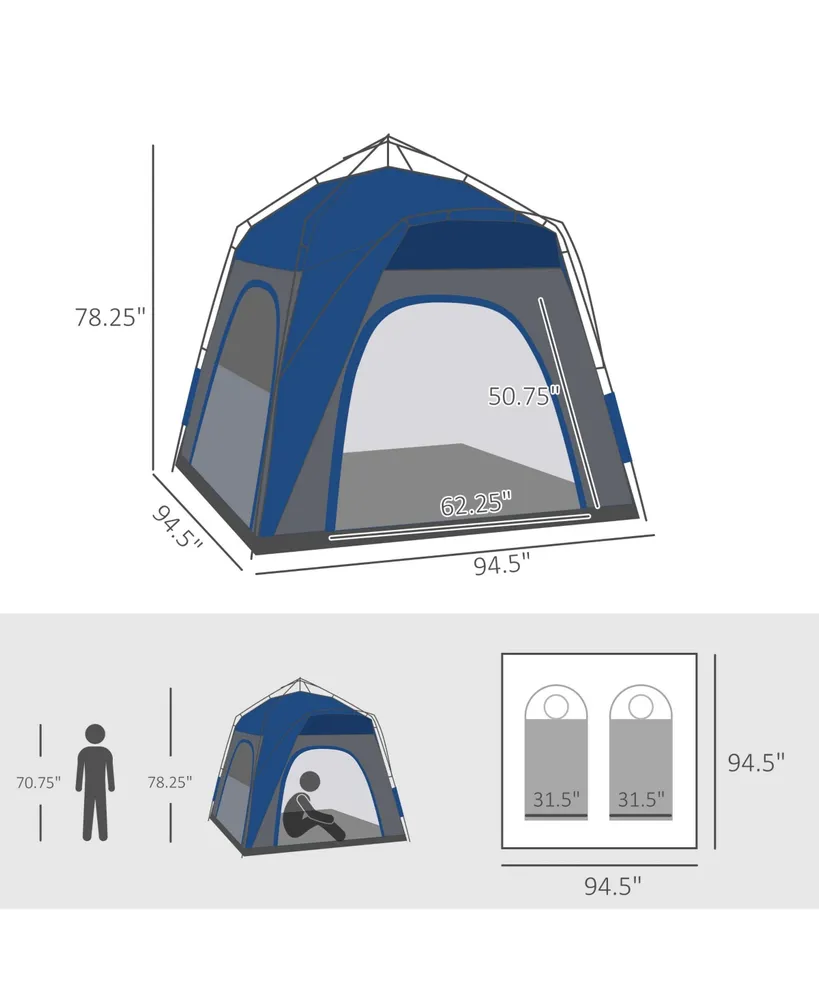 Outsunny Camping Tents 4 Person Pop Up Tent Quick Setup Automatic Hydraulic Family Travel Tent w/ Windows, Doors Carry Bag Included