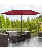 Outsunny 15' Steel Rectangular Outdoor Double Sided Market Patio Umbrella with Uv Sun Protection & Easy Crank, Wine Red