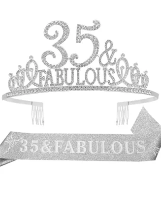 35th Birthday Gifts for women,35th Birthday Tiara and Sash Silver,35th Birthday Decorations Party Supplies,35&Fabulous Birthday Satin Sash Crystal Tia