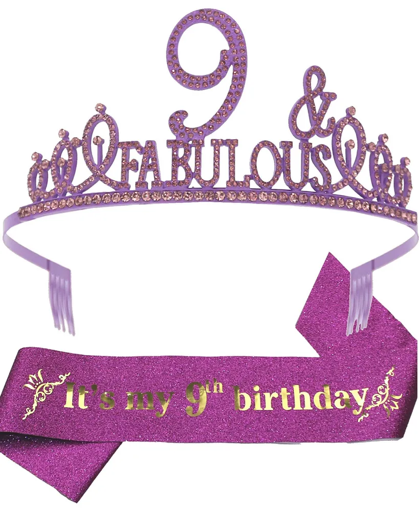 Meant2tobe 9th Birthday Gifts for girls,9th Birthday Tiara and Sash,9th Birthday Decorations Party Supplies,It's my 9th birthday Satin Sash Crystal Ti