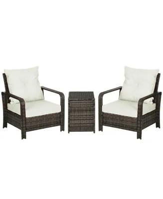 Outsunny 3 Pcs Rattan Wicker Bistro Set with Storage Table, Patio Furniture Set Outdoor Sofa Set with Washable Cushion