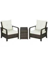 Outsunny 3 Pcs Rattan Wicker Bistro Set with Storage Table, Patio Furniture Set Outdoor Sofa Set with Washable Cushion