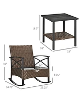 Outsunny 3 Piece Rocking Wicker Bistro Set, Outdoor Patio Furniture Set with two Porch Rocker Chairs, Cushions, Two-Tier Coffee Table for Garden, Back