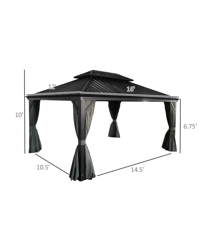 Outsunny Patio Gazebo 16' x 12', Netting & Curtains, 2 Tier Double Vented Steel Roof, Permanent Hardtop, Ceiling Hooks, Rust Proof Aluminum Frame for