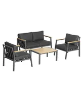 Outsunny 4 Piece Patio Furniture Set Aluminum Conversation Set Outdoor Garden Sofa Set w/ 2 Armchairs, 1 Loveseat Sofa, 1 Center Coffee Table, Soft Cu