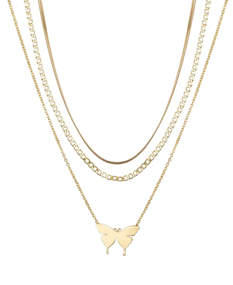 Unwritten 14k Gold Flash Plated Butterfly Herringbone Pendant Necklaces, 3 Piece Set