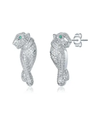 Rachel Glauber White Gold And 14K Gold Plated with Emerald & Cubic Zirconia Walking Panther Earrings