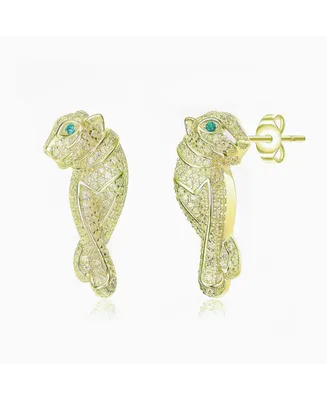 Rachel Glauber White Gold And 14K Plated with Emerald & Cubic Zirconia Walking Panther Earrings