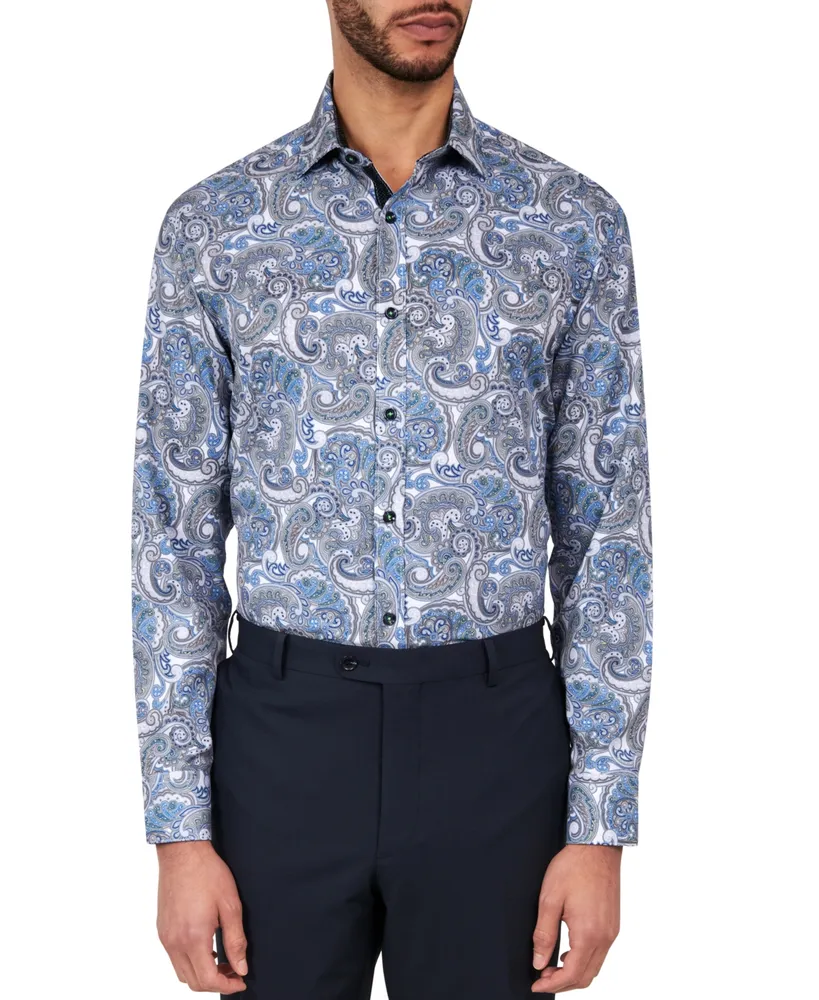 Men's Regular-Fit Non-Iron Paisley Performance Stretch Dress Shirt