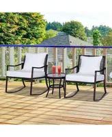 Outsunny 3 Piece Patio Rocking Chair Set, 2 Pe Wicker Rocking Chairs, Cushioned with Throw Pillows, 1 Two