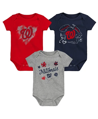 Girls Newborn and Infant Red, Navy, Heathered Gray Washington Nationals 3-Pack Batter Up Bodysuit Set
