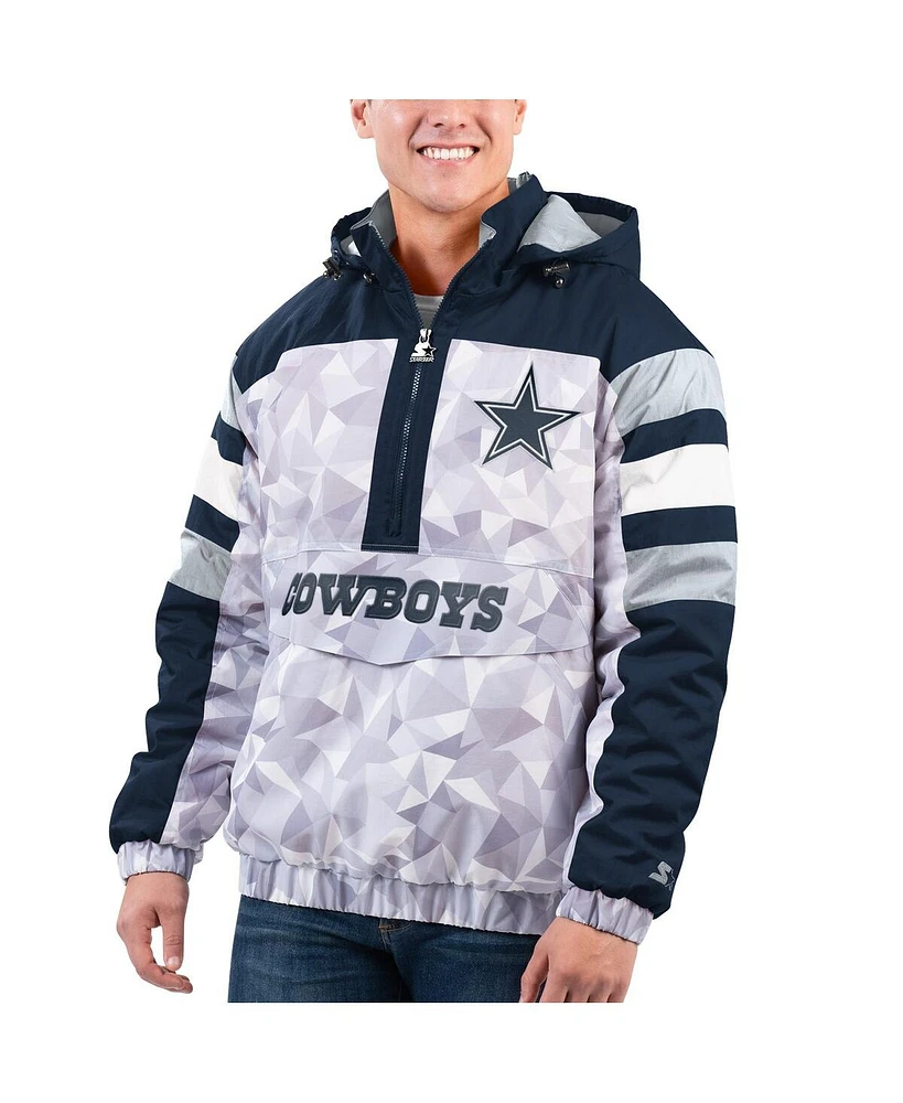 Men's Starter White, Navy Dallas Cowboys Thursday Night Gridiron Raglan Half-Zip Hooded Jacket