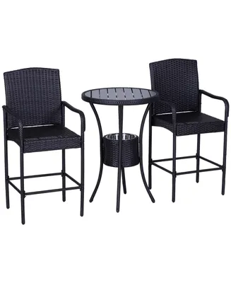 Outsunny Rattan Wicker Bar Set for 3 Pcs with Ice Buckets, Patio Furniture with 1 Bar Table and 2 Bar Stools for Poolside, Backyard, Porches