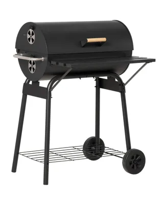 Outsunny 30" Portable Charcoal Bbq Grill Carbon Steel Outdoor Barbecue with Adjustable Charcoal Rack, Storage Shelf, Wheel, for Garden Camping Picnic
