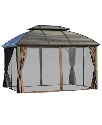 Outsunny 10' x 12' Metal Roof Hardtop Gazebo w/ Curtains & Netting, Brown