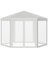 Outsunny Outdoor Party Tent Hexagon Sun Shelter Canopy with Protective Mesh Screen Walls & Proper Sun Protection, White
