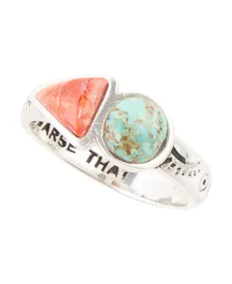 Barse Out West Genuine Blue Turquoise and Genuine Orange Sponge Coral Thin Band Ring