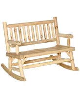 Outsunny 2-Person Wood Rocking Chair with Log Design, Heavy Duty Loveseat with Wide Curved Seats for Patio, Backyard, Garden