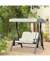 Outsunny 2-Person Patio Swing Bench with Adjustable Shade Canopy, Soft Cushions, Throw Pillows and Tray, Beige