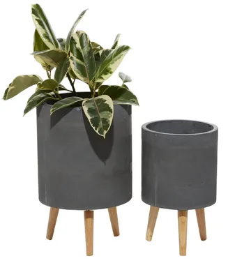 Gray Ceramic Indoor Outdoor Planter with Wood Legs Set of 2