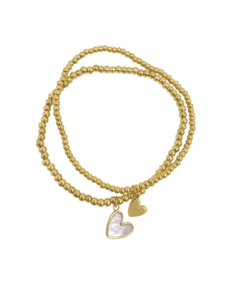 Adornia 14K Gold Plated Stretch Heart Ball Bracelets with Imitation Mother of Pearl, 2 Pieces