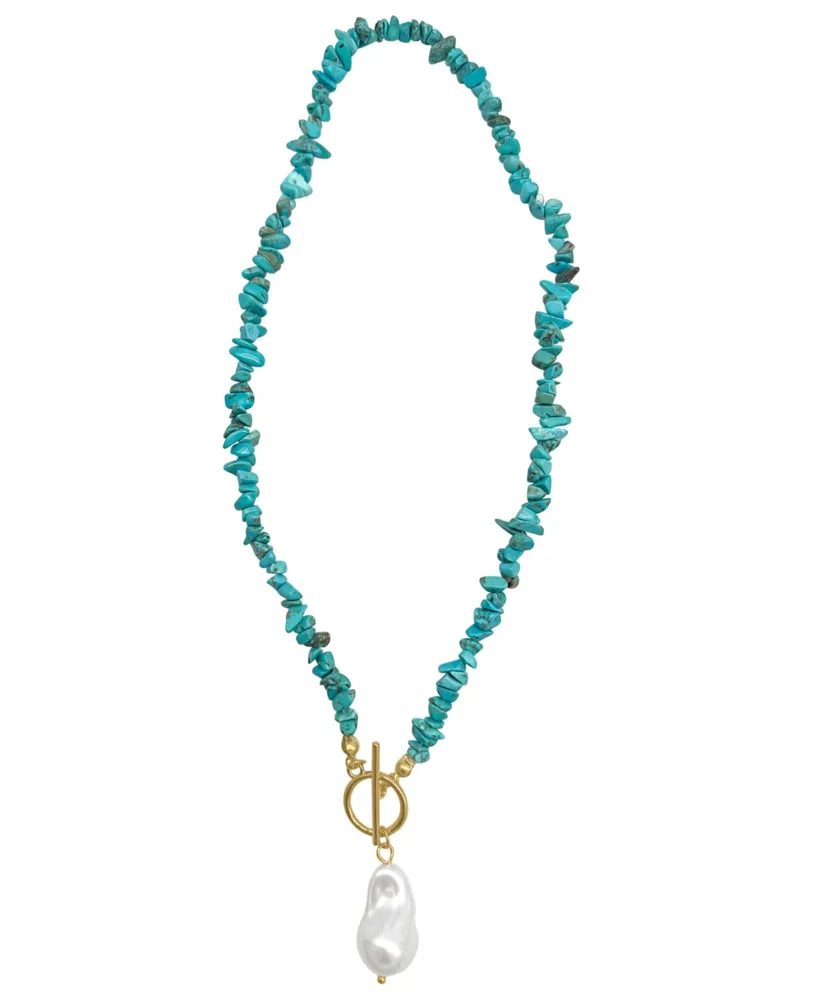 Adornia 17" Multi Shape Faux Turquoise Stone Toggle 14K Gold Plated Necklace with Imitation Pearl Pendant