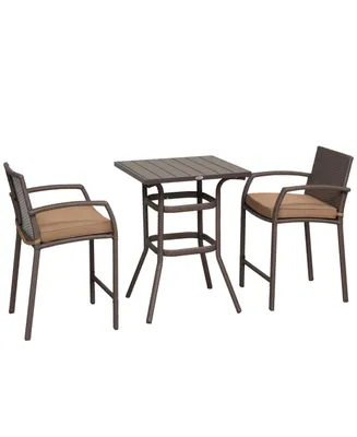 Outsunny 3 Pcs Rattan Wicker Bar Set with Wood Grain Top Table and 2 Bar Stools for Outdoor, Patio, Poolside, Garden