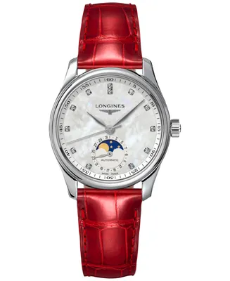 Longines Women's Swiss Automatic Master Diamond (1/20 ct. t.w.) Red Leather Strap Watch 34mm