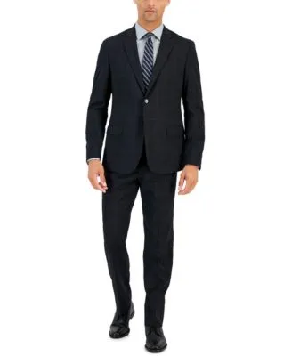 Armani Exchange Mens Slim Fit Black Windowpane Wool Suit