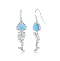 Sterling Silver Larimar & Cz Fish Skeleton Earrings