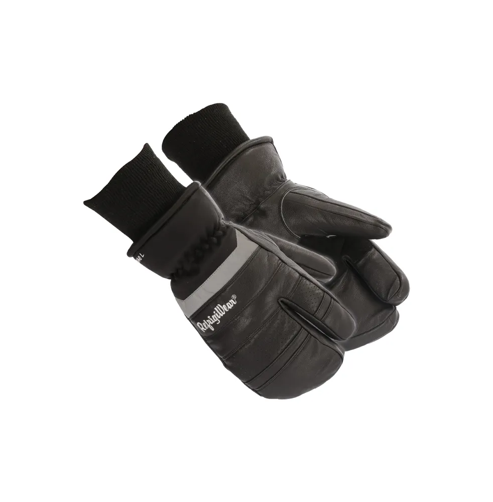 RefrigiWear Men's 3-Finger Winter Black Leather Mittens