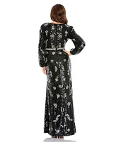 Women's Embellished Wrap Over Bishop Sleeve Gown