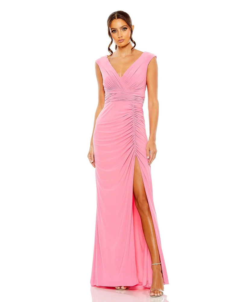 Mac Duggal Women's Ieena Sleeveless Side Ruched Slit Gown