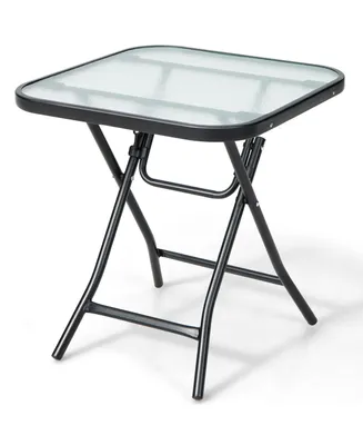 Costway Patio Folding Square Glass Side Table Bistro Coffee Table Plant Stand