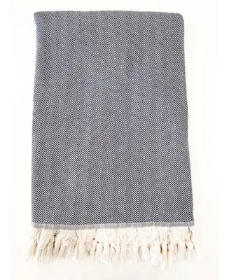 Anaya Home Navy Blue Turkish Cotton Herringbone Throw Blanket with Tassels 55x75