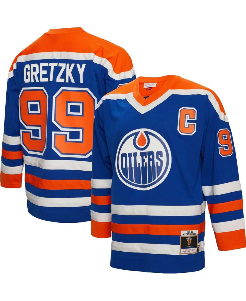 Men's Mitchell & Ness Wayne Gretzky Royal Edmonton Oilers Big and Tall 1986 Captain Patch Blue Line Player Jersey