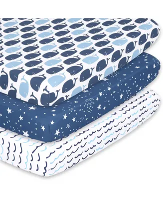 The Peanutshell Pack n Play, Mini Crib, Portable Crib or Fitted Playard Sheets for Baby Boy, 3 Pack Set, Navy, White & Blue Nautical Print
