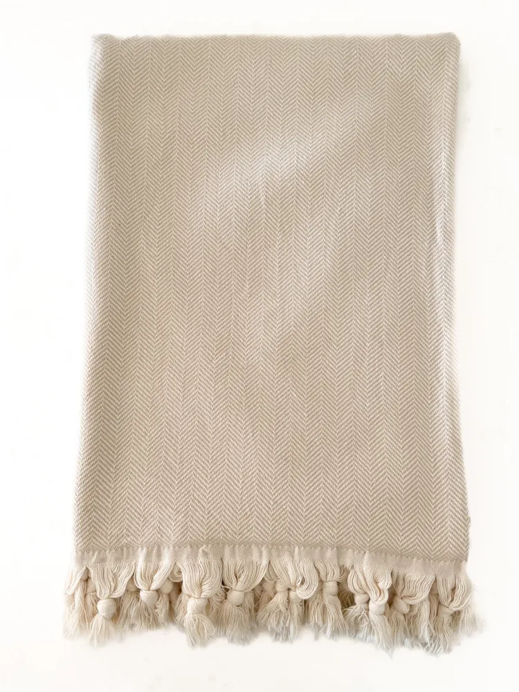 Anaya Home Beige Turkish Cotton Herringbone Throw Blanket with Tassels 55x75