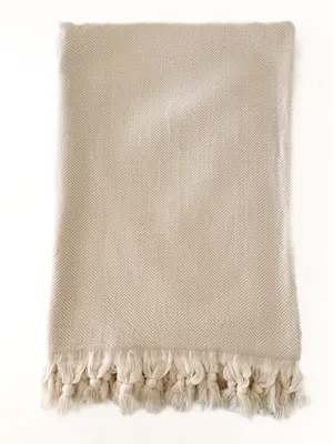 Anaya Home Beige Turkish Cotton Herringbone Throw Blanket with Tassels 55x75