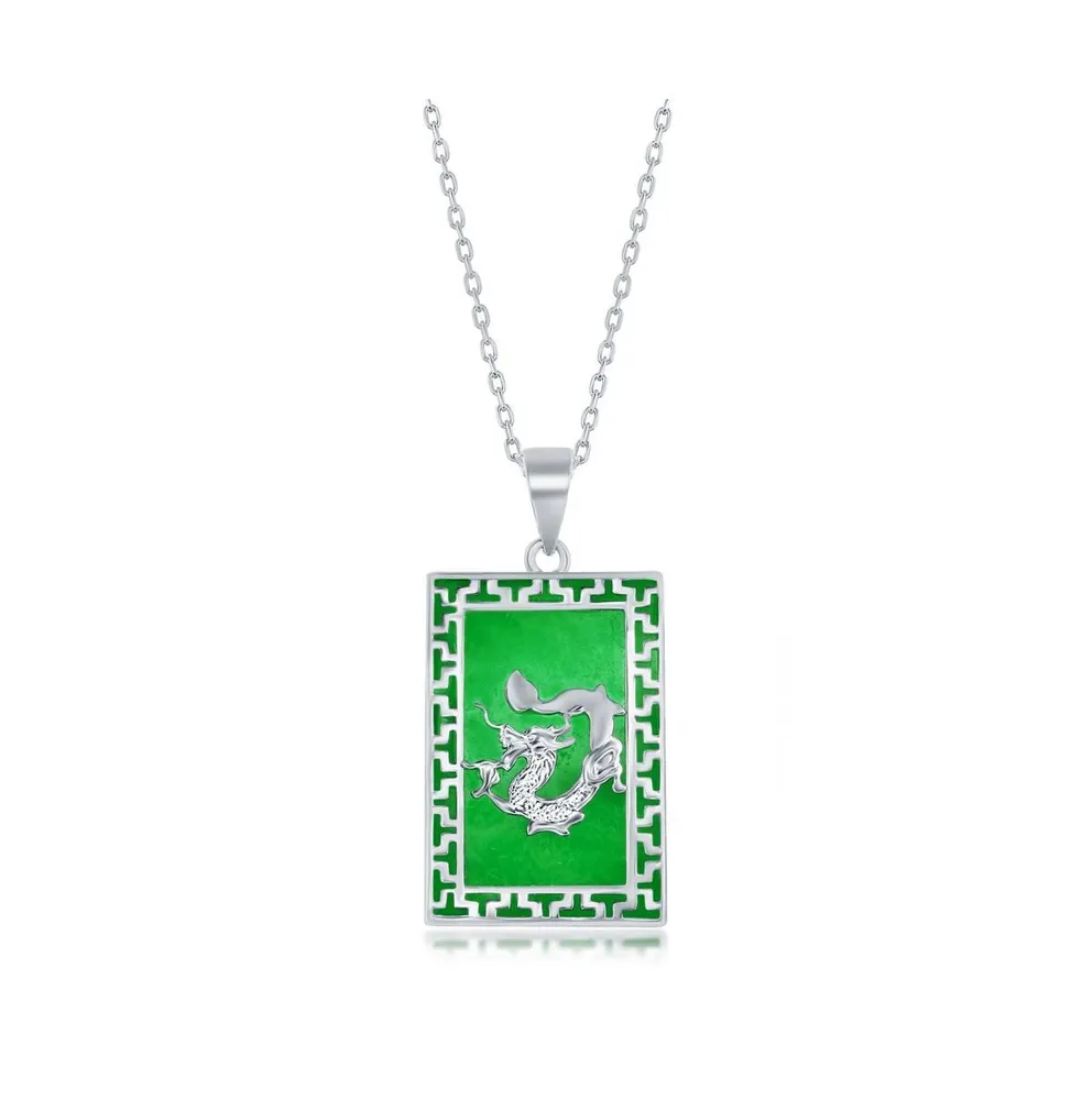 Sterling Silver Rectangle w/Dragon Design Jade Necklace