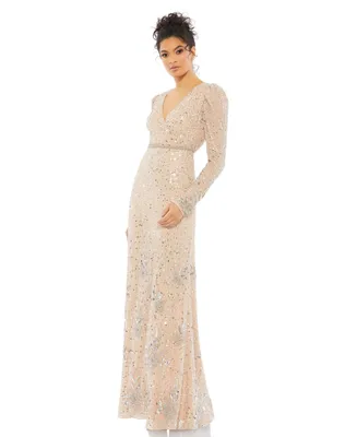 Women's Sequined Floral Embellished Long Sleeve Gown