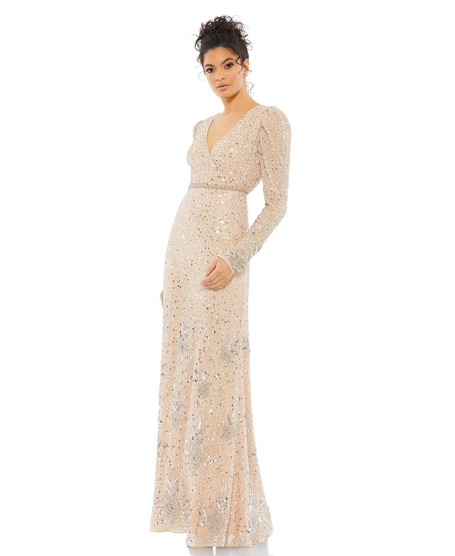 Mac Duggal Women's Sequined Floral Embellished Long Sleeve Gown | MainPlace  Mall