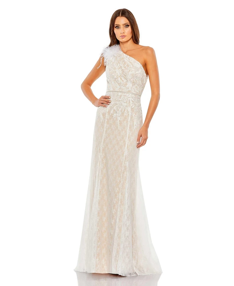 Women's Lace Embellished Feathered One Shoulder Gown